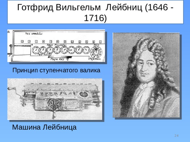 Готфрид Вильгельм Лейбниц (1646 - 1716) Принцип ступенчатого валика Машина Лейбница  