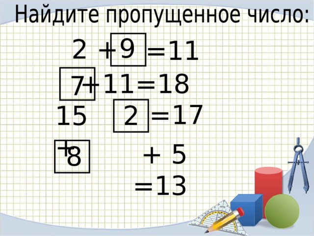9 2 + =11 + 11=18 7 =17 15 + 2 + 5 =13 8 Найдите пропущенное число: хором. Чего не хватало в первом примере? Слагаемого. А во втором? Уменьшаемого. А в последнем? Не хватало суммы, конечно же.  