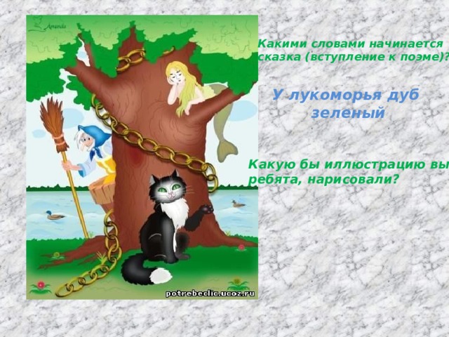 Какими словами начинается сказка (вступление к поэме)? У лукоморья дуб  зеленый Какую бы иллюстрацию вы, ребята, нарисовали? 
