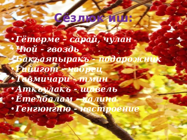 Сёзлюк иш: Гётерме – сарай, чулан Чюй - гвоздь Бакъаяпыракъ - подорожник Гийигот - чабрец Тавмичари - тмин Аткъулакъ - щавель Ётелбалам - калина Генгюнгню - настроение 