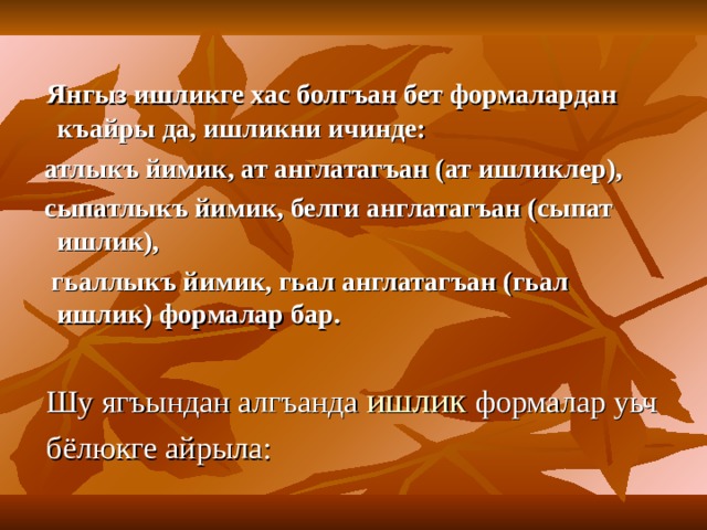  Янгыз ишликге хас болгъан бет формалардан къайры да, ишликни ичинде :   атлыкъ йимик, ат англатагъан (ат ишликлер),  сыпатлыкъ йимик, белги англатагъан (сыпат ишлик),  гьаллыкъ йимик, гьал англатагъан (гьал ишлик) формалар бар.   Шу ягъындан алгъанда ишлик формалар уьч  бёлюкге айрыла :  