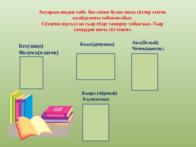Ахтарыв ишден таба биз сизин булан янгы сёзлер этеген къайдаланы табажакъбыз. Сёзлени охугъуз ва гьар сёзде тамурну табыгъыз. Гьар тамурдан янгы сёз этигиз. Акъ(белый)  Чечек(цветок ) Къыз(девушка)  Таман(хватит) Бет(лицо)  Явлукъ(платок) Къара (чёрный)   Къуш(птица)  
