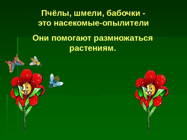 Пчёлы, шмели, бабочки - это насекомые-опылители Они помогают размножаться растениям. 