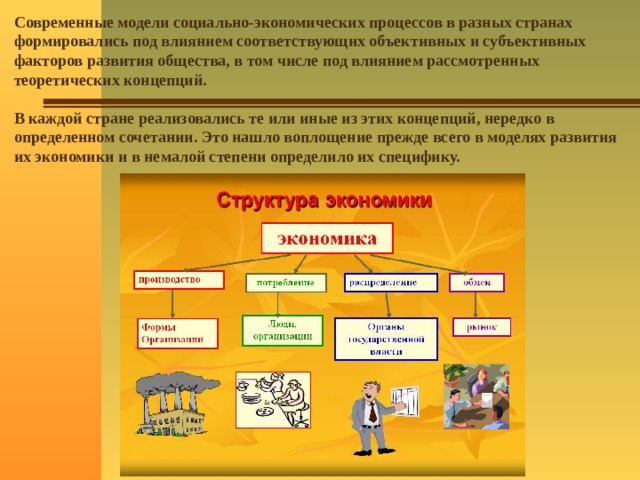 Современные модели социально-экономических процессов в разных странах формировались под влиянием соответствующих объективных и субъективных факторов развития общества, в том числе под влиянием рассмотренных теоретических концепций.   В каждой стране реализовались те или иные из этих концепций, нередко в определенном сочетании. Это нашло воплощение прежде всего в моделях развития их экономики и в немалой степени определило их специфику. 