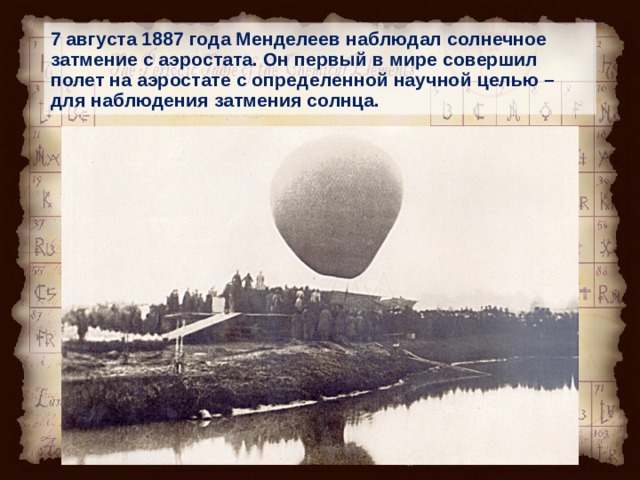 7 августа 1887 года Менделеев наблюдал солнечное затмение с аэростата. Он первый в мире совершил полет на аэростате с определенной научной целью – для наблюдения затмения солнца.  