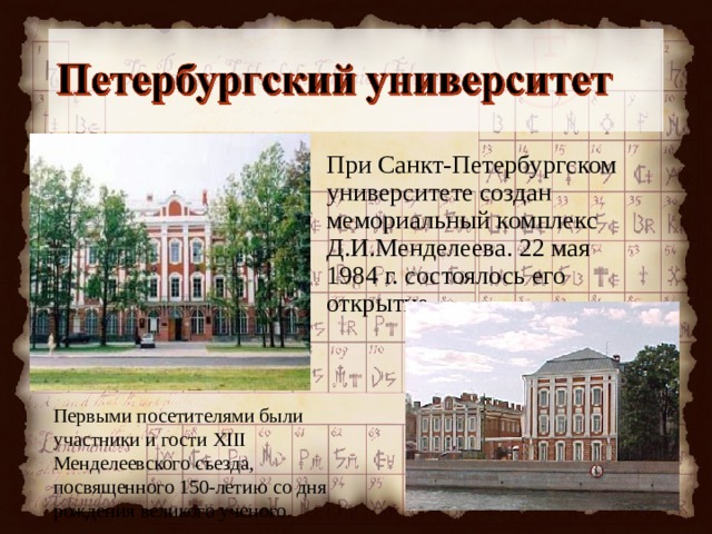 При Санкт-Петербургском университете создан мемориальный комплекс Д.И.Менделе­ева. 22 мая 1984 г. состоялось его открытие.. Первыми посетителями были участники и гости XIII Менделеевского съезда, посвященного 150-летию со дня рождения великого ученого. 