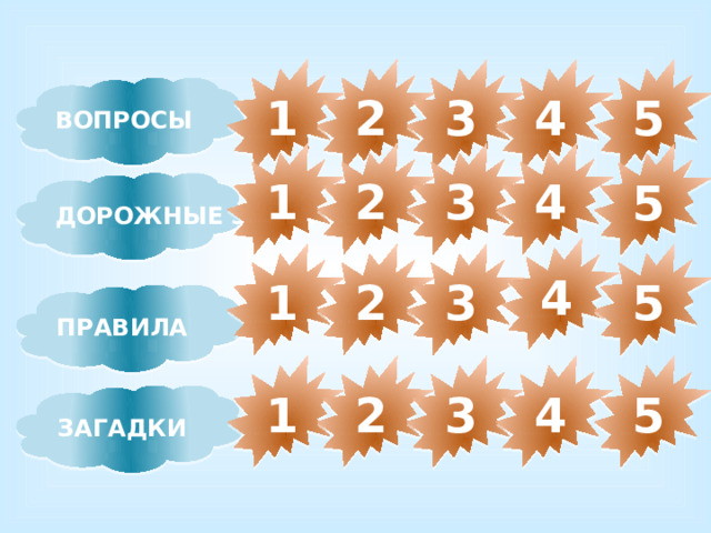 5 1 2 3 4 ВОПРОСЫ 3 2 4 1 5 ДОРОЖНЫЕ ЗНАКИ 4 1 2 3 5 ПРАВИЛА 1 2 3 4 5 ЗАГАДКИ 