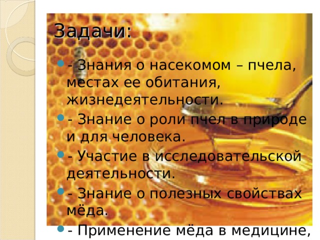 Задачи: - Знания о насекомом – пчела, местах ее обитания, жизнедеятельности. - Знание о роли пчел в природе и для человека. - Участие в исследовательской деятельности. - Знание о полезных свойствах мёда. - Применение мёда в медицине, кулинарии, косметологии.  