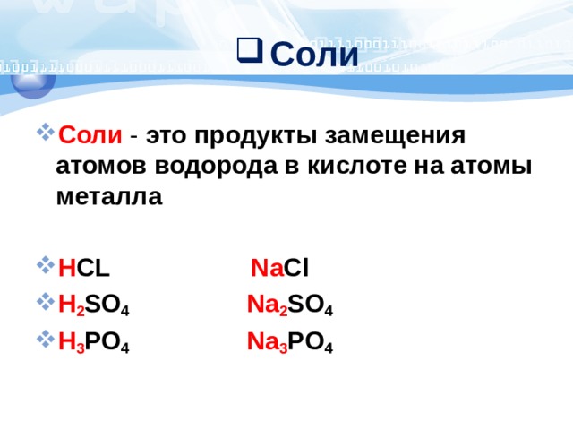 Соли Соли - это продукты замещения атомов водорода в кислоте на атомы металла H CL Na Cl H 2 SO 4  Nа 2 SO 4 H 3 PO 4  Na 3 PO 4 