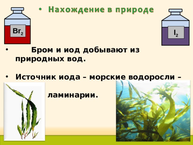 Br 2 I 2  Бром и иод добывают из природных вод.  Источник иода – морские водоросли –  ламинарии. 27 