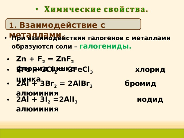 1. Взаимодействие с металлами . При взаимодействии галогенов с металлами образуются соли – галогениды. Zn + F 2 = ZnF 2  фторид цинка 2 Fe + 3 Cl 2  =  2 FeCl 3    хлорид цинка 2 Al + 3 Br 2  =  2 AlBr 3  бромид алюминия 2 Al + 3 I 2  =2 AlI 3  иодид алюминия 29 