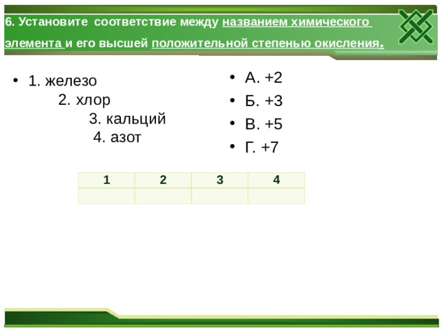 6. Установите  соответствие между названием химического  элемента и его высшей положительной степенью окисления .   А. +2 Б. +3 В. +5 Г. +7  1. железо  2. хлор  3. кальций  4. азот  1 2   3   4     