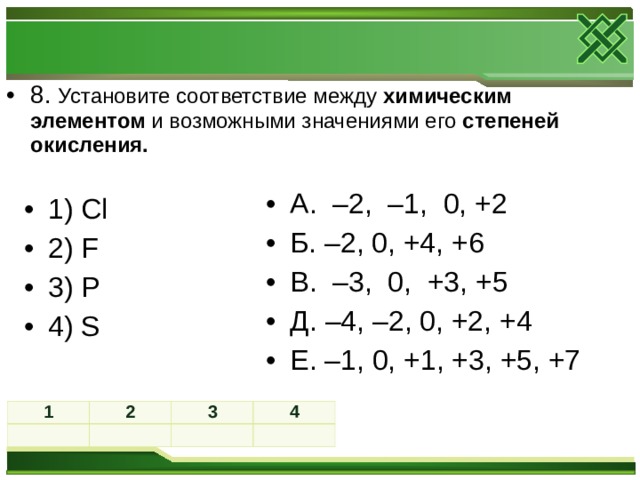 8. Установите соответствие между химическим элементом и возможными значениями его степеней окисления. А. –2, –1, 0, +2 Б. –2, 0, +4, +6 В. –3, 0, +3, +5 Д. –4, –2, 0, +2, +4 Е. –1, 0, +1, +3, +5, +7 1) Cl  2) F  3) P  4) S  1 2   3   4     