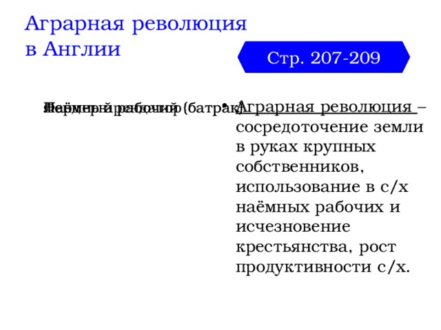 Аграрная революция  в Англии Стр. 207-209 Аграрная революция – сосредоточение земли в руках крупных собственников, использование в с/х наёмных рабочих и исчезновение крестьянства, рост продуктивности с/х. Ленд Ленд Фермер-арендатор Фермер-арендатор Наёмный рабочий (батрак) Наёмный рабочий (батрак) 