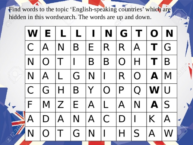 Find words to the topic ‘English-speaking countries’ which are hidden in this wordsearch. The words are up and down. W C E L N A L N O N A T C B I E I F N L G M H R G A G B D T N B N Z R B A O E Y O A O I N H A N R O T T O T G P L A G C N B Q A A I M W N D U A I H K S S A A W 