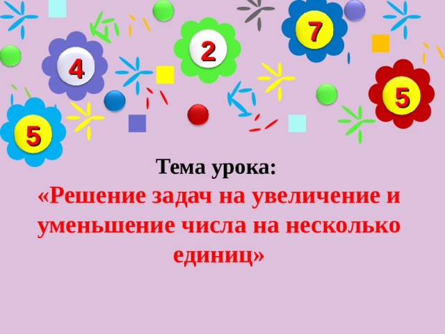 7 2 4 5 5 Тема урока:  «Решение задач на увеличение и уменьшение числа на несколько единиц»   14 