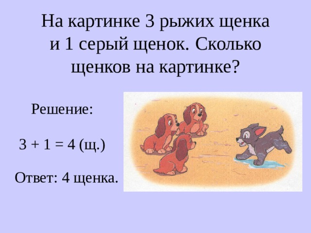 На картинке 3 рыжих щенка  и 1 серый щенок.  Сколько  щенков на картинке? Решение: 3 + 1 = 4 (щ.) Ответ: 4 щенка. 