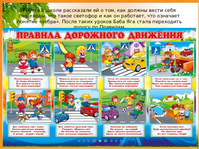 Ребята в школе рассказали ей о том, как должны вести себя пешеходы, что такое светофор и как он работает, что означает понятие «зебра». После таких уроков Баба Яга стала переходить дорогу по Правилам. 
