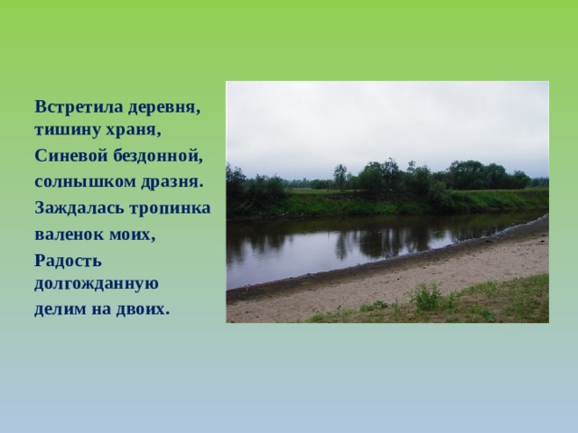 Встретила деревня, тишину храня, Синевой бездонной, солнышком дразня. Заждалась тропинка валенок моих, Радость долгожданную делим на двоих.     