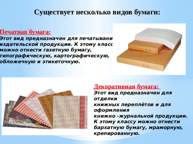 Существует несколько видов бумаги: Печатная бумага: Этот вид предназначен для печатывания издательской продукции. К этому классу можно отнести газетную бумагу, типографическую, картографическую, обложечную и этикеточную. Декоративная бумага: Этот вид предназначен для отделки книжных переплётов и для оформления книжно -журнальной продукции. К этому классу можно отнести бархатную бумагу, мраморную, крепированную.  
