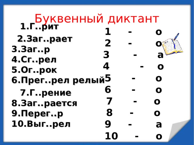Буквенный диктант  1.Г..рит  2.Заг..рает  3.Заг..р  4.Сг..рел  5.Ог..рок  6.Прег..рел релый  7.Г..рение  8.Заг..рается  9.Перег..р  10.Выг..рел   1 - о  - о  - а  - о  - о  - о  - о  - о  - а  - о  