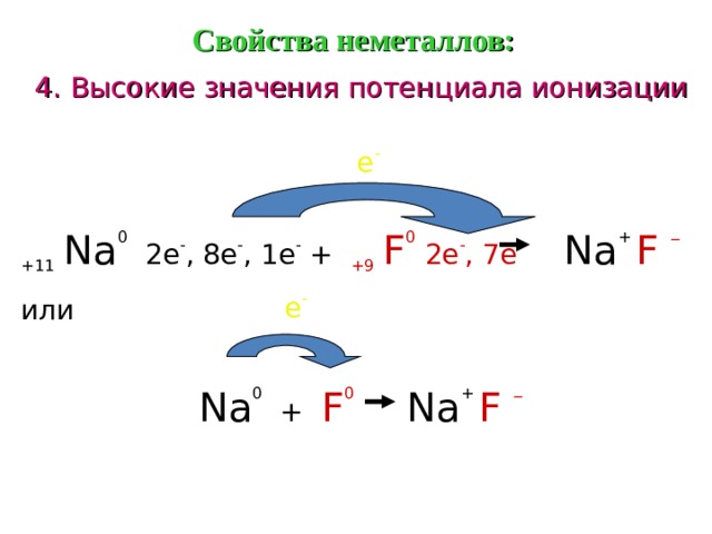 Свойства неметаллов: 4. Высокие значения потенциала ионизации  e - +11  Na 0  2e - , 8e - , 1e - + +9  F 0 2e - , 7e -  Na + F _ или  e - Na 0 + F 0   Na + F _  