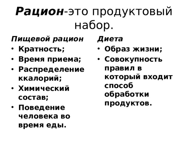 Рацион -это продуктовый набор. Пищевой рацион Диета Кратность; Время приема; Распределение ккалорий; Химический состав; Поведение человека во время еды. Образ жизни; Совокупность правил в который входит способ обработки продуктов.  