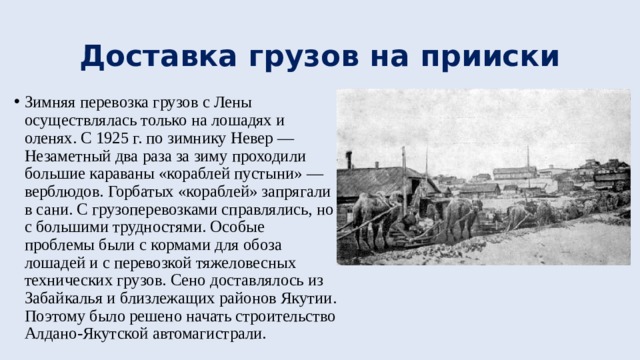 Доставка грузов на прииски Зимняя перевозка грузов с Лены осуществлялась только на лошадях и оленях. С 1925 г. по зимнику Невер — Незаметный два раза за зиму проходили большие караваны «кораблей пустыни» — верблюдов. Горбатых «кораблей» запрягали в сани. С грузоперевозками справлялись, но с большими трудностями. Особые проблемы были с кормами для обоза лошадей и с перевозкой тяжеловесных технических грузов. Сено доставлялось из Забайкалья и близлежащих районов Якутии. Поэтому было решено начать строительство Алдано-Якутской автомагистрали. 