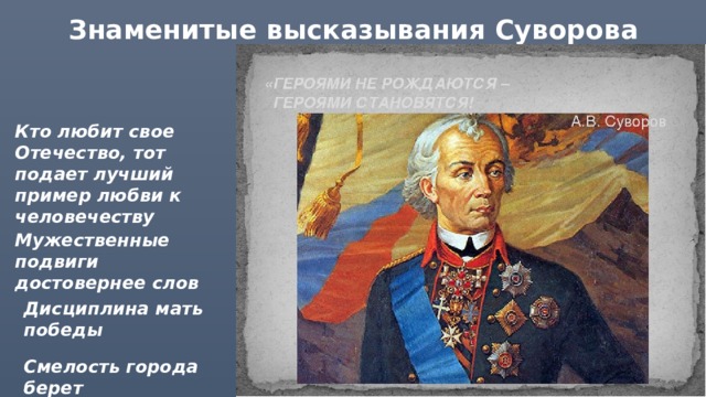 Знаменитые высказывания Суворова Кто любит свое Отечество, тот подает лучший пример любви к человечеству Мужественные подвиги достовернее слов Дисциплина мать победы Смелость города берет 