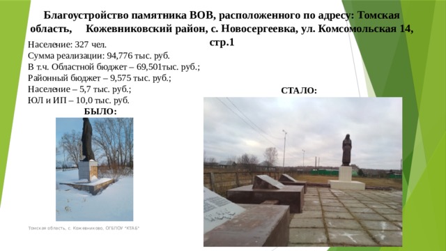 Благоустройство памятника ВОВ, расположенного по адресу: Томская область, Кожевниковский район, с. Новосергеевка, ул. Комсомольская 14, стр.1 Население: 327 чел. Сумма реализации: 94,776 тыс. руб. В т.ч. Областной бюджет – 69,501тыс. руб.; Районный бюджет – 9,575 тыс. руб.; Население – 5,7 тыс. руб.; ЮЛ и ИП – 10,0 тыс. руб.  БЫЛО: СТАЛО: Томская область, с. Кожевниково, ОГБПОУ 