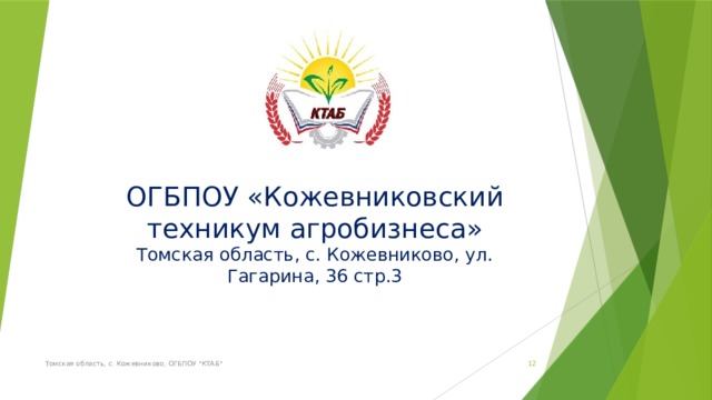 ОГБПОУ «Кожевниковский техникум агробизнеса»  Томская область, с. Кожевниково, ул. Гагарина, 36 стр.3    Томская область, с. Кожевниково, ОГБПОУ 