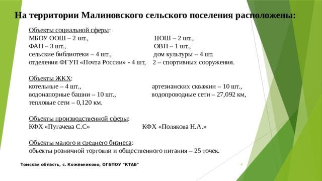 На территории Малиновского сельского поселения расположены: Объекты социальной сферы : МБОУ ООШ – 2 шт., НОШ – 2 шт., ФАП – 3 шт., ОВП – 1 шт., сельские библиотеки – 4 шт., дом культуры – 4 шт. отделения ФГУП «Почта России» - 4 шт, 2 – спортивных сооружения. Объекты ЖКХ : котельные – 4 шт., артезианских скважин – 10 шт., водонапорные башни – 10 шт., водопроводные сети – 27,092 км, тепловые сети – 0,120 км. Объекты производственной сферы : КФХ «Пугачева С.С» КФХ «Полякова Н.А.» Объекты малого и среднего бизнеса : объекты розничной торговли и общественного питания – 25 точек.  Томская область, с. Кожевниково, ОГБПОУ 