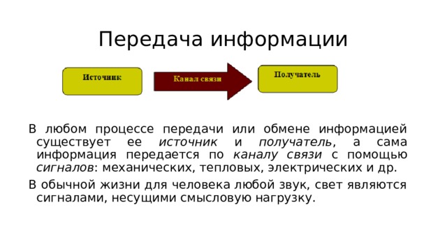 Передача информации В любом процессе передачи или обмене информацией существует ее источник и получатель , а сама информация передается по каналу связи с помощью сигналов : механических, тепловых, электрических и др. В обычной жизни для человека любой звук, свет являются сигналами, несущими смысловую нагрузку. 