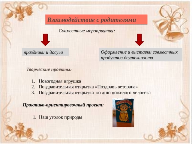Взаимодействие с родителями Совместные мероприятия: Оформление и выставки совместных продуктов деятельности праздники и досуги Творческие проекты: Новогодняя игрушка Поздравительная открытка «Поздравь ветерана» Поздравительная открытка ко дню пожилого человека Практико-ориентировочный проект: 1. Наш уголок природы 