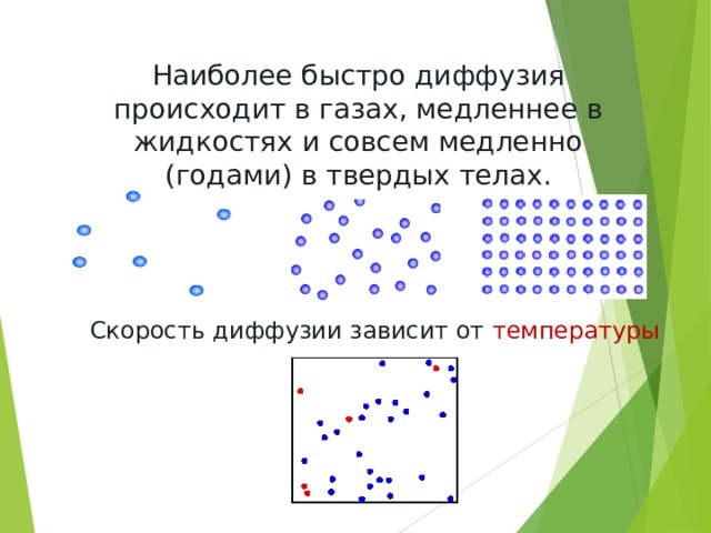 Наиболее быстро диффузия происходит в газах, медленнее в жидкостях и совсем медленно (годами) в твердых телах. Скорость диффузии зависит от температуры 