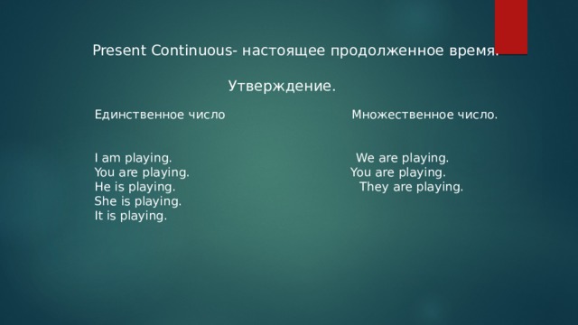 Present Continuous- настоящее продолженное время.  Утверждение. Единственное число Множественное число. I am playing. We are playing. You are playing. You are playing. He is playing. They are playing. She is playing. It is playing. 