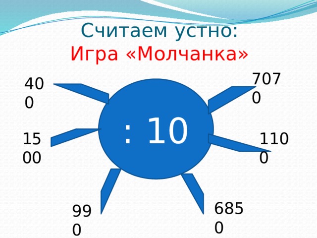 Считаем устно:  Игра «Молчанка» 7070 400 : 10 1500 1100 6850 990 