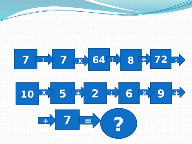 64 7 7 8 72 : + : : X 9 6 2 5 10 X + : X + ? 7 = + 