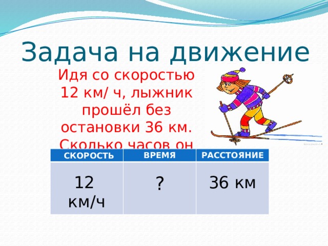 Задача на движение Идя со скоростью 12 км/ ч, лыжник прошёл без остановки 36 км. Сколько часов он шёл? СКОРОСТЬ ВРЕМЯ РАССТОЯНИЕ 12 км/ч ? 36 км 
