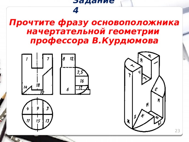 Задание 4 Прочтите фразу основоположника начертательной геометрии  профессора В.Курдюмова 15 15 
