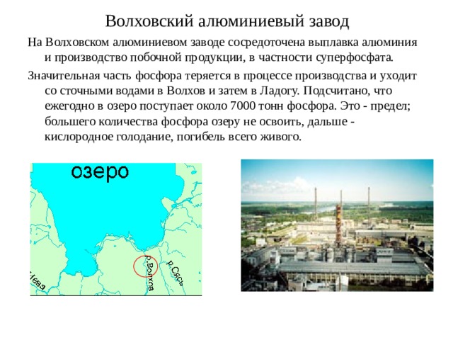 Волховский алюминиевый завод На Волховском алюминиевом заводе сосредоточена выплавка алюминия и производство побочной продукции, в частности суперфосфата. Значительная часть фосфора теряется в процессе производства и уходит со сточными водами в Волхов и затем в Ладогу. Подсчитано, что ежегодно в озеро поступает около 7000 тонн фосфора. Это - предел; большего количества фосфора озеру не освоить, дальше - кислородное голодание, погибель всего живого. 