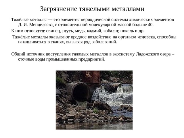 Загрязнение тяжелыми металлами Тяжёлые металлы — это элементы периодической системы химических элементов Д. И. Менделеева , с относительной молекулярной массой больше 40. К ним относятся: свинец, ртуть, медь, кадмий, кобальт, никель и др.  Тяжёлые металлы оказывают вредное воздействие на организм человека, способны накапливаться в тканях, вызывая ряд заболеваний. Общий источник поступления тяжелых металлов в экосистему Ладожского озера – сточные воды промышленных предприятий. 