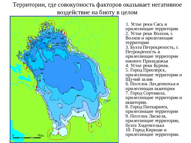 Территории, где совокупность факторов оказывает негативное воздействие на биоту в целом  1. Устье реки Сясь и прилегающие территории  2. Устье реки Волхов, г. Волхов и прилегающие территории  3. Бухта Петрокрепость, г. Петрокрепость и прилегающие территории южного Приладожья  4. Устье реки Бурная.  5. Город Приозерск, прилегающие территории и Щучий залив  6. Поселок Лахденпохья и прилегающая акватория  7. Город Сортавала, прилегающие территории и акватории.  8. Город Питкяранта, прилегающие территории  9. Поселок Ляскеля, прилегающие территории, бухта Хиденселька  10. Город Кириши и прилегающие территории. 