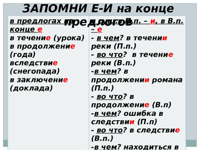 ЗАПОМНИ Е-И на конце предлогов в предлогах на конце е в течени е (урока) в сущ.в П.п. – и , в В.п. – е в продолжени е (года) - в чем ? в течени и реки (П.п.) вследстви е (снегопада) - во что ? в течени е реки (В.п.) в заключени е (доклада) - в чем ? в продолжени и романа (П.п.) - во что ? в продолжени е (В.п)  - в чем ? ошибка в следстви и (П.п) - во что ? в следстви е (В.п.) - в чем ? находиться в заключени и (П.п) 