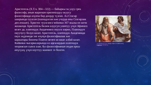 Аристотель (Х.Т.ч. 384—322) — байыркы эң улуу грек философу, анын жараткан оригиналдуу окуусу философияда өзүнчө бир доорду түзгөн. Ал Стагир шаарында туулган (ошондуктан көп учурда аны Стагирлик деп аташат). Христос туулганга чейинки 367-жылы он жети жашында Аристотель билим алуусун улантуу үчүн Афинага келет да, платондук Академияга окууга кирип, Платондун окуучусу болуп калат. Аристотель, платондук Академияда окуп жүргөндө эле өзүнүн философиялык көз караштары боюнча Платон менен келише албай калат. Кийинки чыгармаларында ал идеялардын платондук теориясын сынга алат, бул философиянын андан аркы өнүгүшү үчүн олуттуу мааниге ээ болгон. 