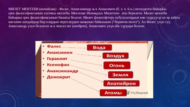 МИЛЕТ МЕКТЕБИ (ионийлик) - Фалес, Анаксимандр ж-а Анаксимен (б. з. ч. 6-к.) негиздеген байыркы грек философиясынын алгачкы мектеби. Мектепке Иониядагь Милеттин аты берилген. Милет мектеби байыркы грек философиясынын башаты болгон: Милет философтору кубулуштардын көп түрдүүлүгүн ар кайсы жагынан кандайдыр бир алардын нерселердин маңызын байкашкан (“биринчи негиз”). Ал Фалес үчүн суу, Анаксиандр үчүн белгисиз ж-а чексиз зат (апейрон), Анаксимен үчүн аба түрүндө болгон. 