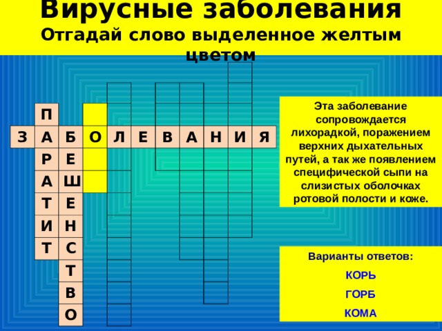 Вирусные заболевания  Отгадай слово выделенное желтым цветом З П А Р Б А Е О Л Т Ш Е И Е Т Н В А С Н Т И В О Я Эта заболевание сопровождается лихорадкой, поражением верхних дыхательных путей, а так же появлением специфической сыпи на слизистых оболочках ротовой полости и коже. Варианты ответов:  КОРЬ ГОРБ КОМА 