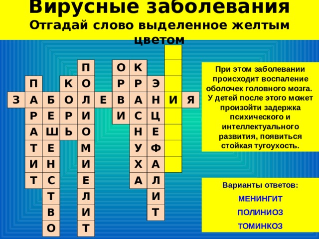 Вирусные заболевания  Отгадай слово выделенное желтым цветом П З А Р П К Б О А Е О Т Р Ш Л О Е И И Е К Р Ь Р О Н В Т С Э И М А Н С И Т Н В Ц Е И О Л У Е Я Х Ф И А А Т Л И Т При этом заболевании происходит воспаление оболочек головного мозга. У детей после этого может произойти задержка психического и интеллектуального развития, появиться стойкая тугоухость. Варианты ответов:  МЕНИНГИТ ПОЛИНИОЗ ТОМИНКОЗ 