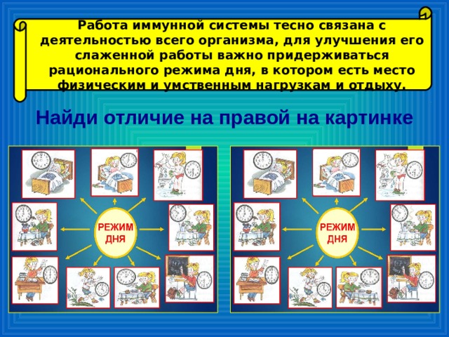 Работа иммунной системы тесно связана с деятельностью всего организма, для улучшения его слаженной работы важно придерживаться рационального режима дня, в котором есть место физическим и умственным нагрузкам и отдыху. Найди отличие на правой на картинке 