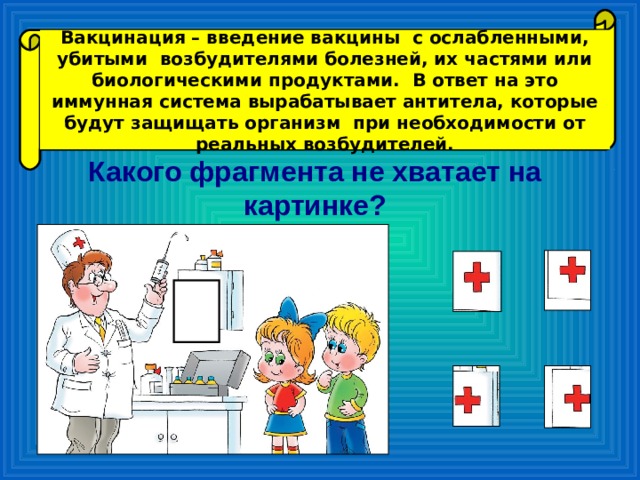 Вакцинация – введение вакцины с ослабленными, убитыми возбудителями болезней, их частями или биологическими продуктами. В ответ на это иммунная система вырабатывает антитела, которые будут защищать организм при необходимости от реальных возбудителей. Какого фрагмента не хватает на картинке?  